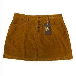 💥2/$20 NEW CORDUROY MINI SKIRT FRONT BUTTON FRINGE HEM Sz 13 BROWN INDIGO REIN